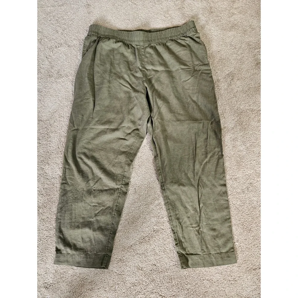 Linen Blend Pants Womens XL Olive Green High Rise Straight Coastal Minimalist - Picture 2 of 7